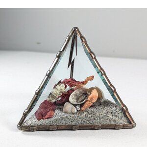 Beveled Glass Seashells and Sand Pyramid Paperweight, Ocean Beach Terrarium